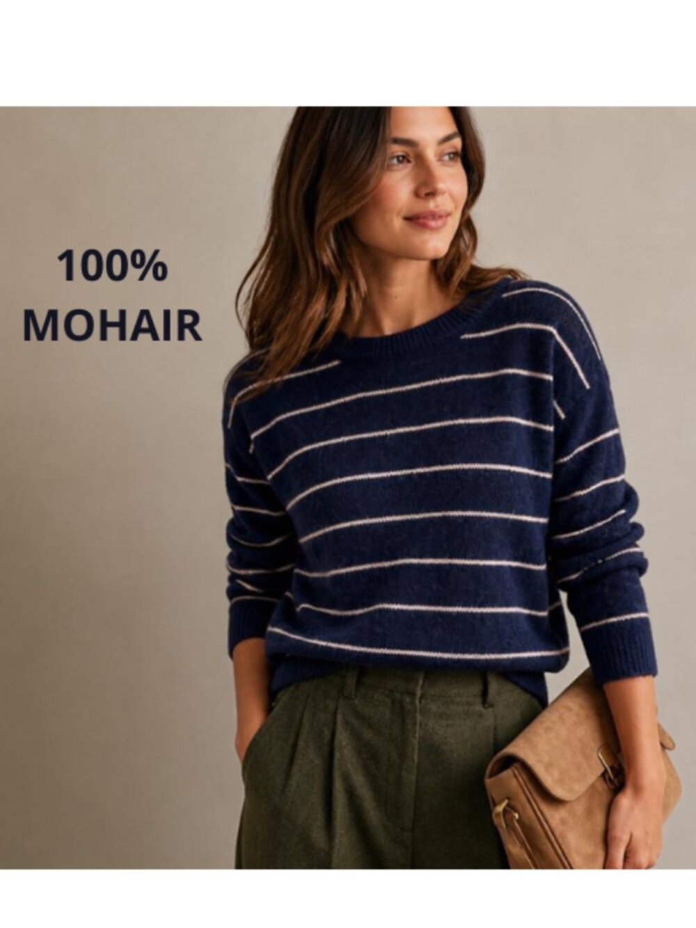 New NWOT Navy Blue 100% Mohair Wool Crewneck Striped Sweater Large